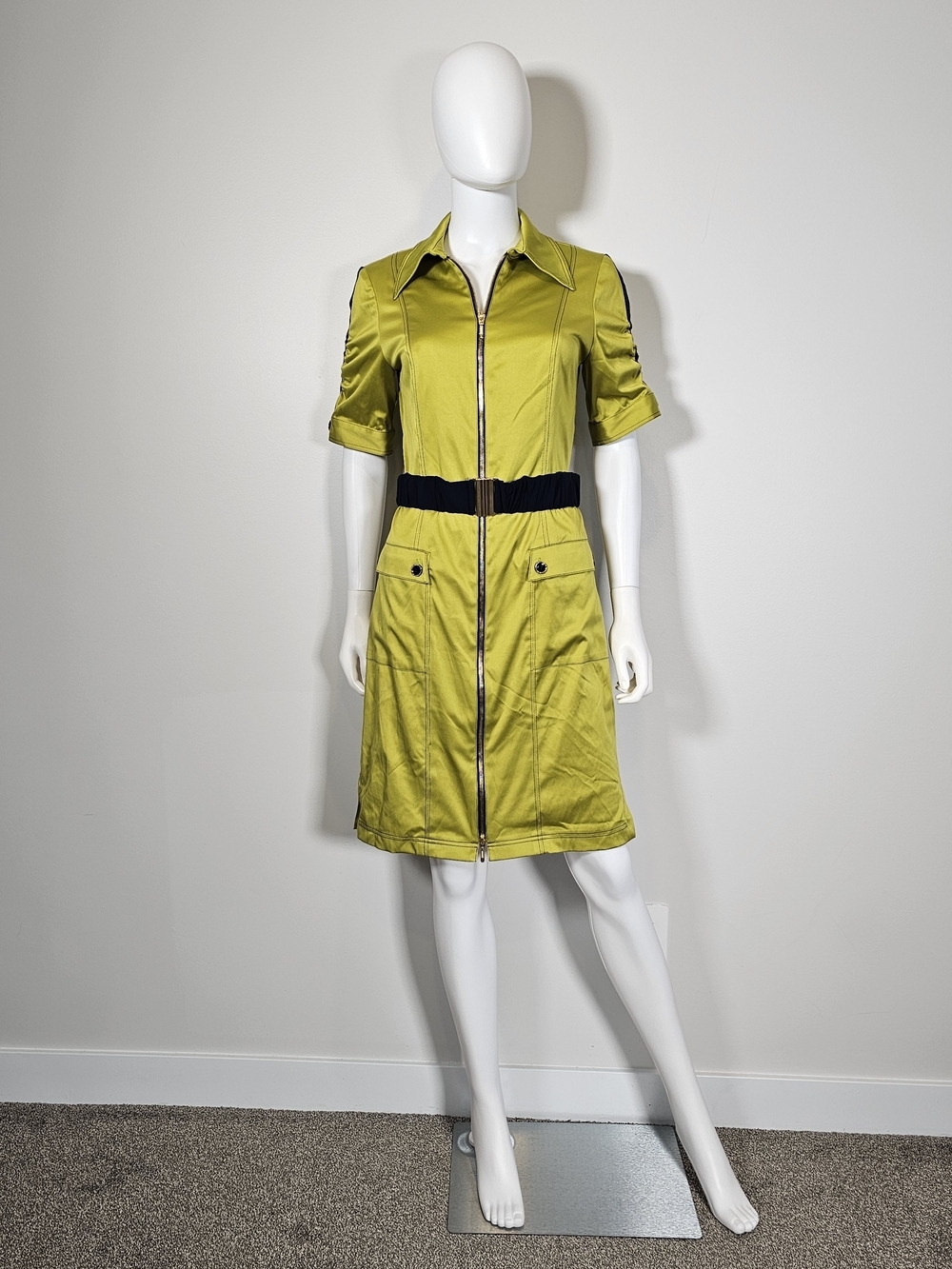 Joseph Ribkoff Green & Navy Blue Collared Shiny Dress Sz 8